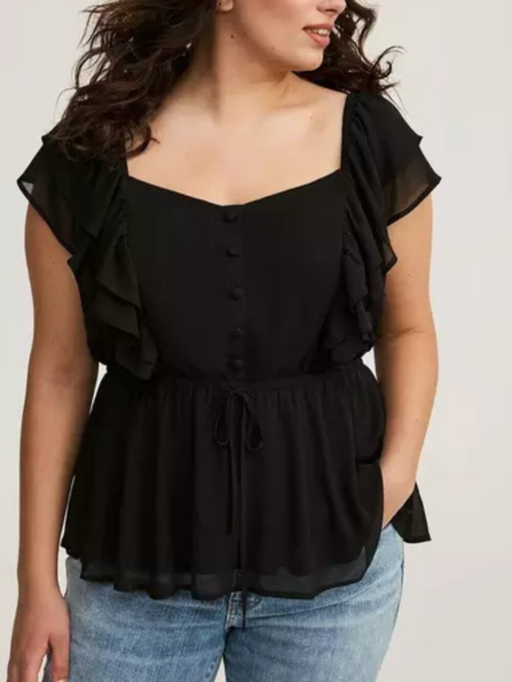 Torrid Ruffle Cinched Chiffon Blouse Plus Size 2 (18-20) Womens Black Goth Chic